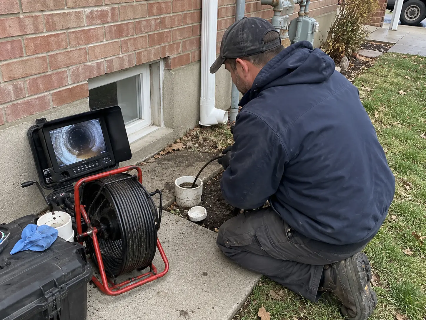 Plumber running a sewer camera inspection in a Sarnia basement