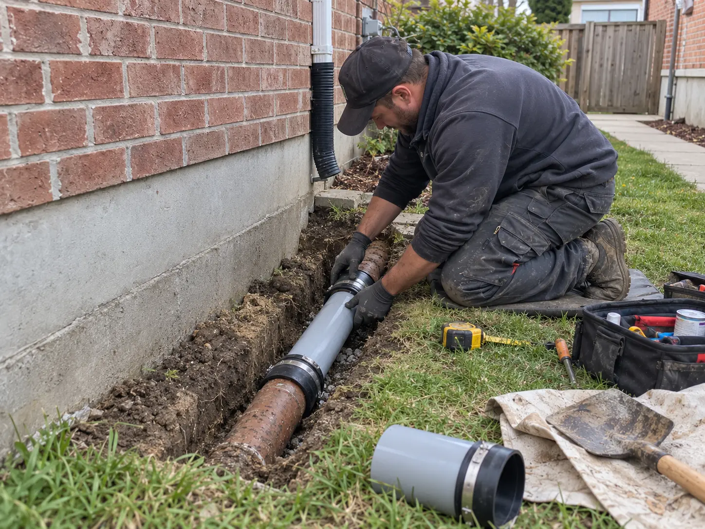 Excavated yard during sewer line replacement