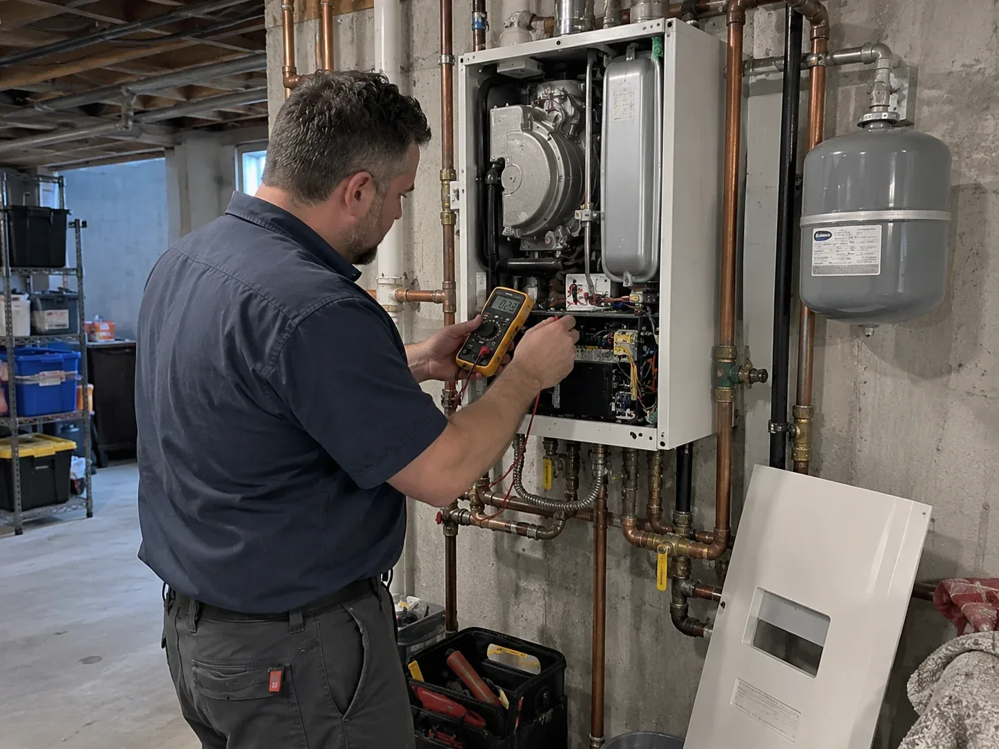 Technician servicing a wall-mounted boiler in a Sarnia home