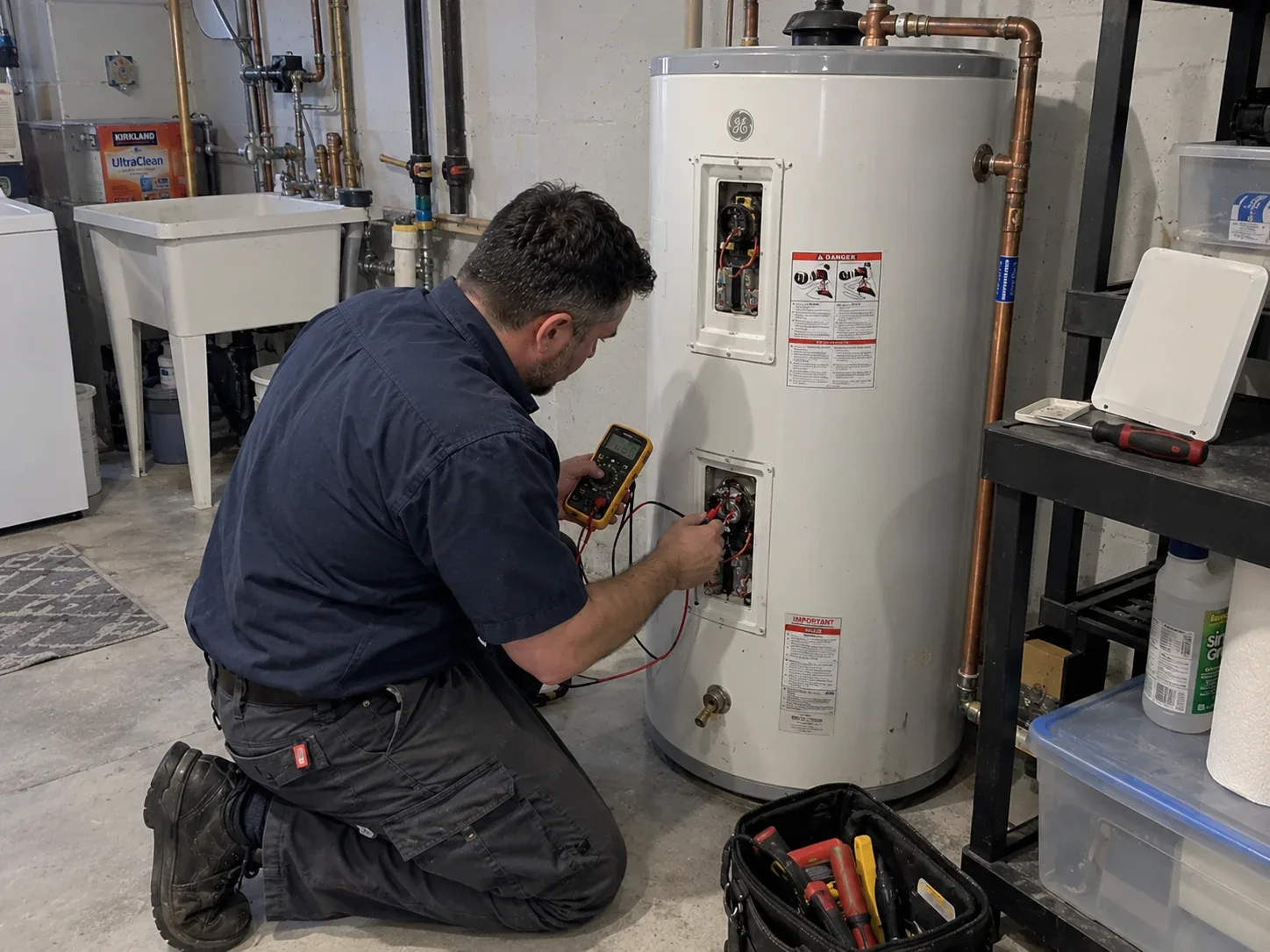 Plumber installing a new hot water tank in a Sarnia basement