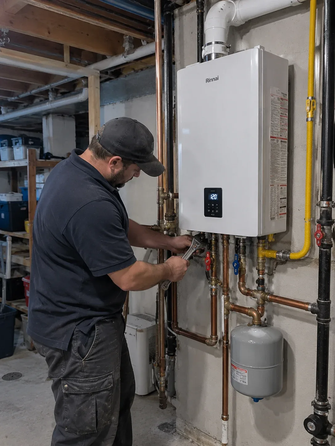 Wall-mounted tankless water heater in a utility room