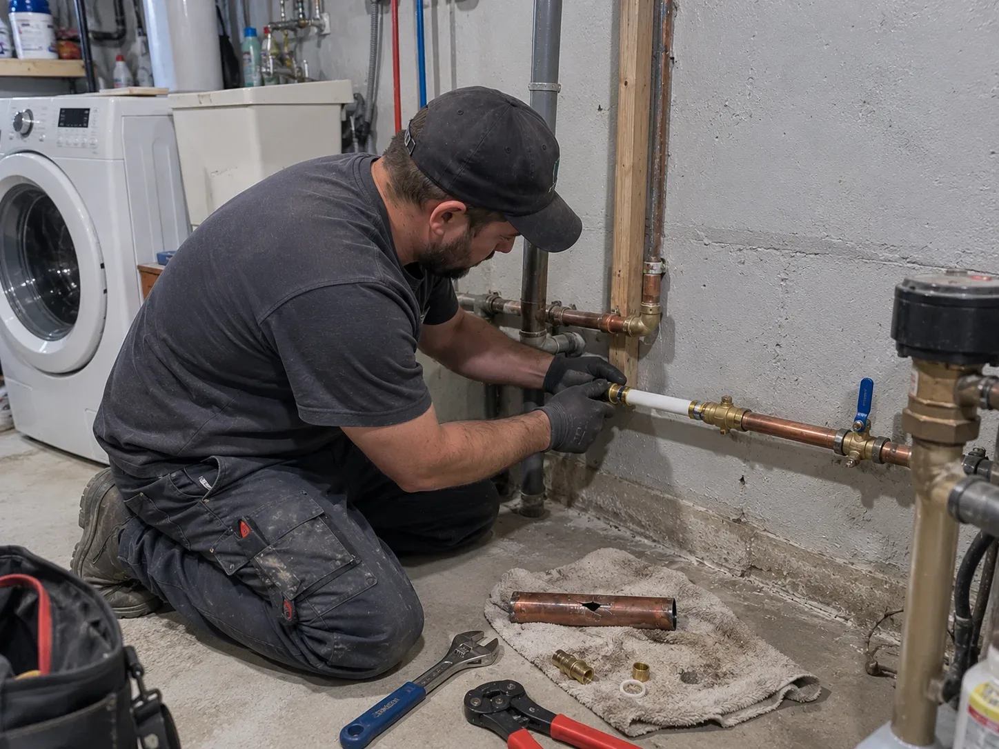 Burst copper pipe replaced with a new PEX section