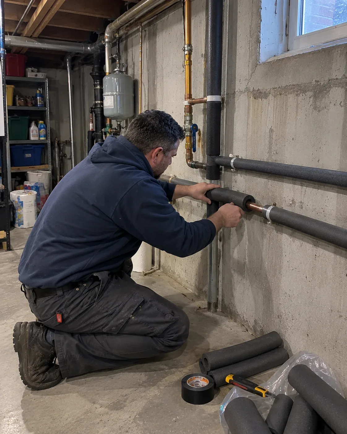 Plumber thawing a frozen pipe under a kitchen sink in Sarnia